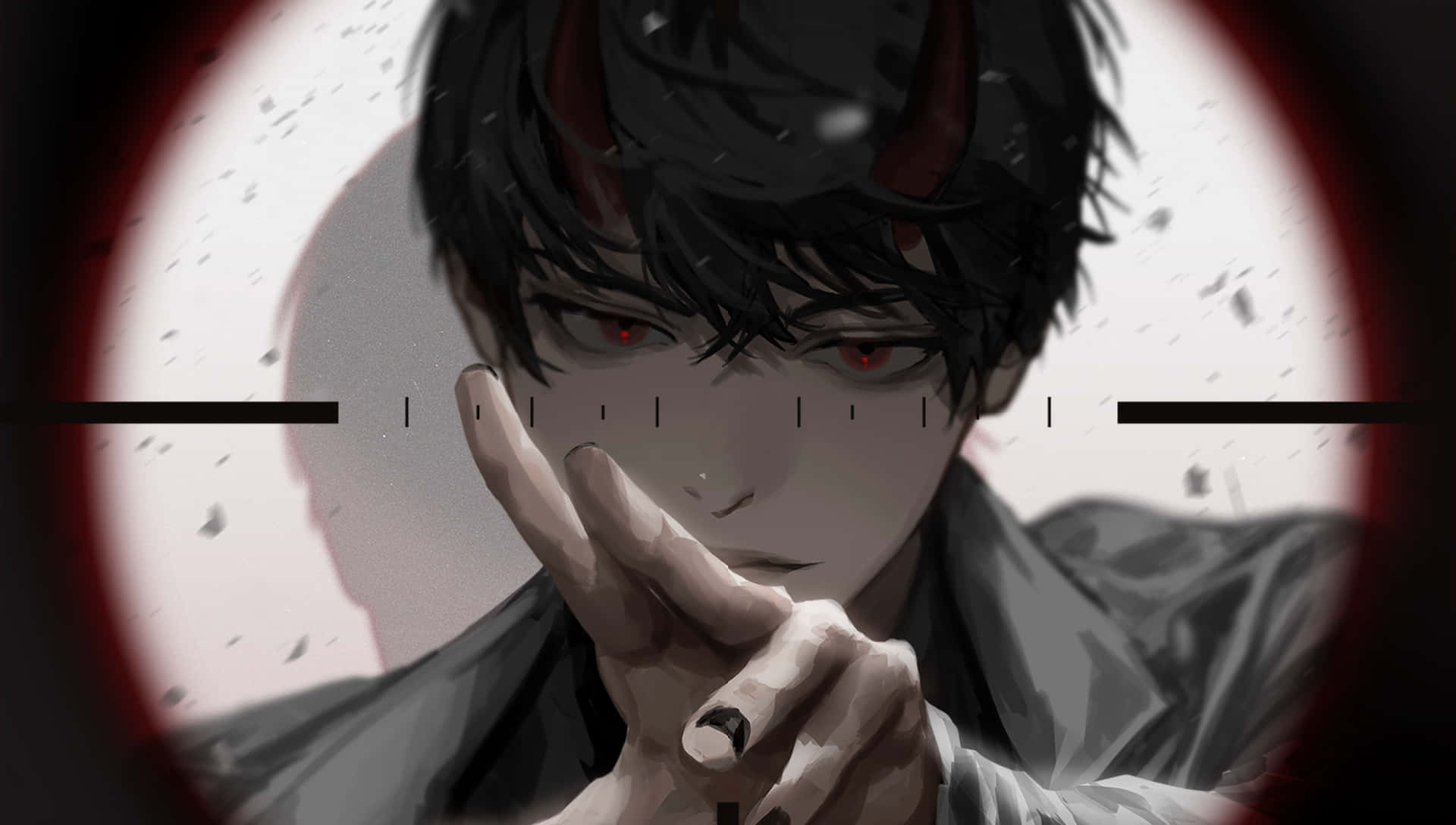 紅眼有角的動畫惡魔透過狙擊鏡瞄準手指。