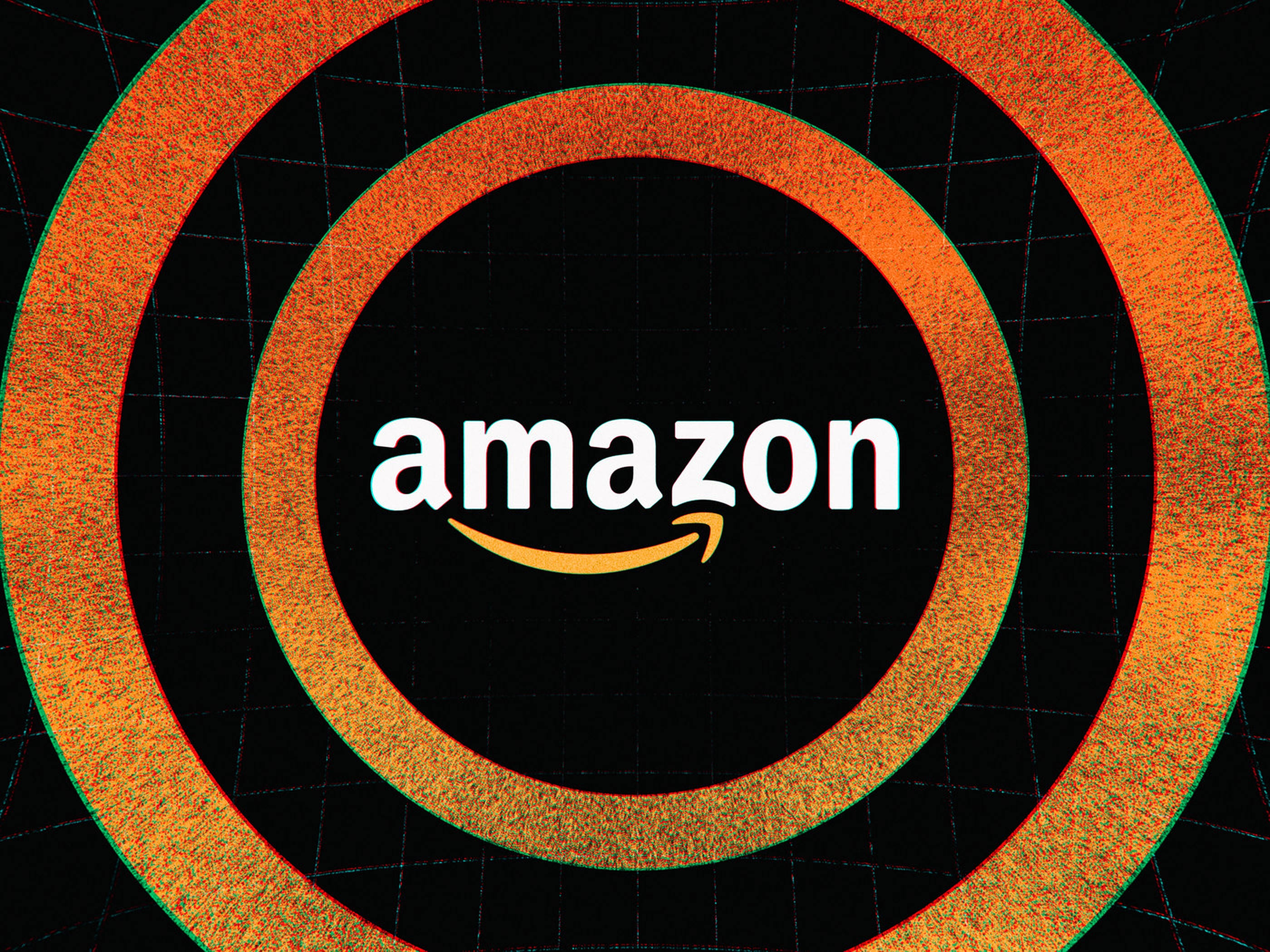 圓形Amazon標誌 壁紙 — 亞馬遜標誌居中於發光的橙色同心圓內，背景為黑色網格。