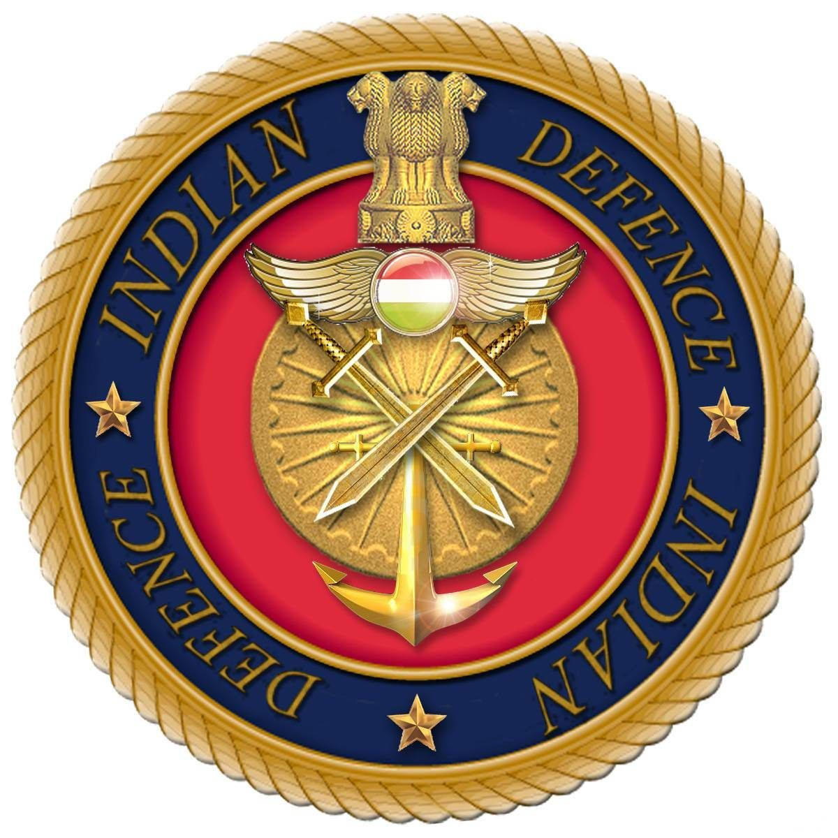 Indian Army 桌布 壁紙 — 圓形印度國防標誌，上有金色雄鷹、交叉劍、錨和三色球體，背景為紅色和藍色。