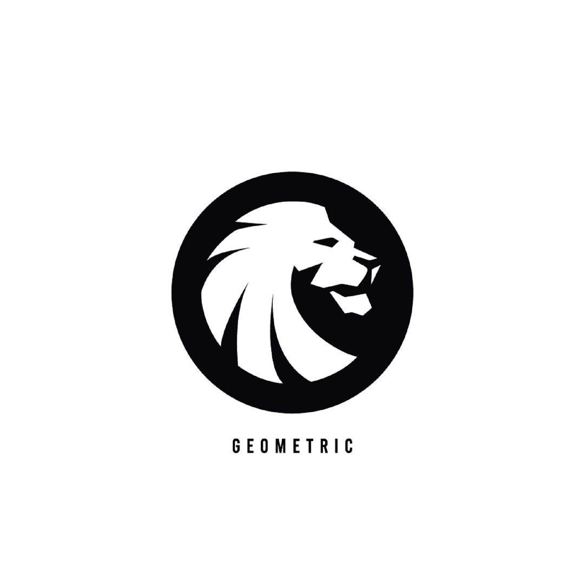 黑白幾何獅子頭標誌在圓圈內，下方有geometric文字。