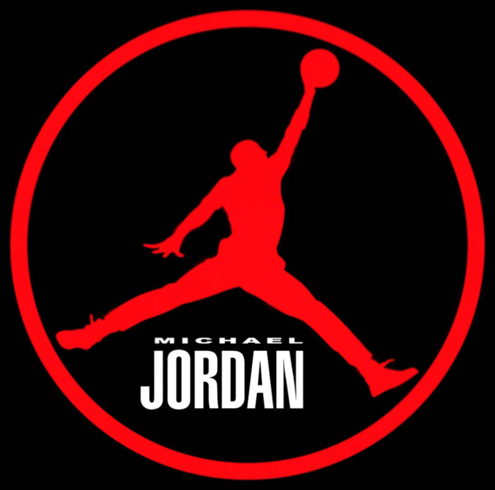 圓形紅色 Air Jordan 標誌 壁紙 — 黑色背景上紅色圓圈內，米高佐敦在空中入樽的紅色剪影。