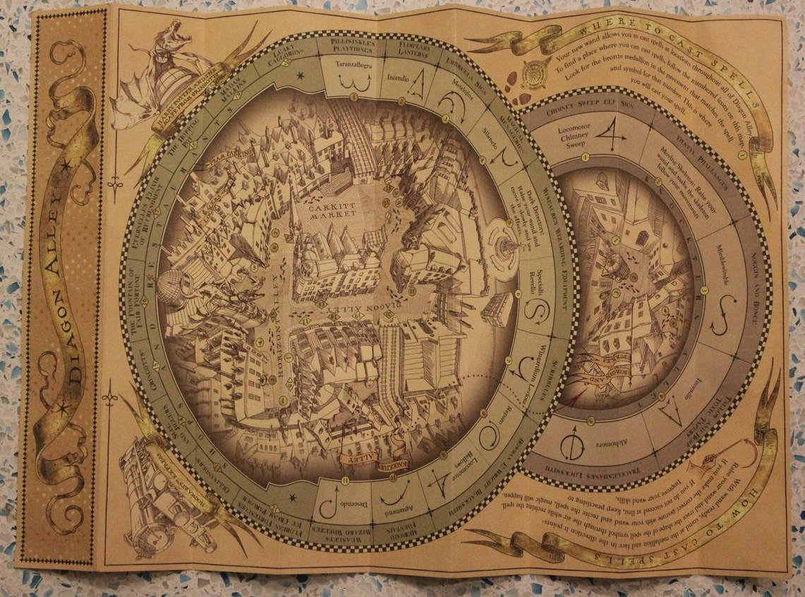 斜角巷與魔法世界地點的復古插圖地圖。
