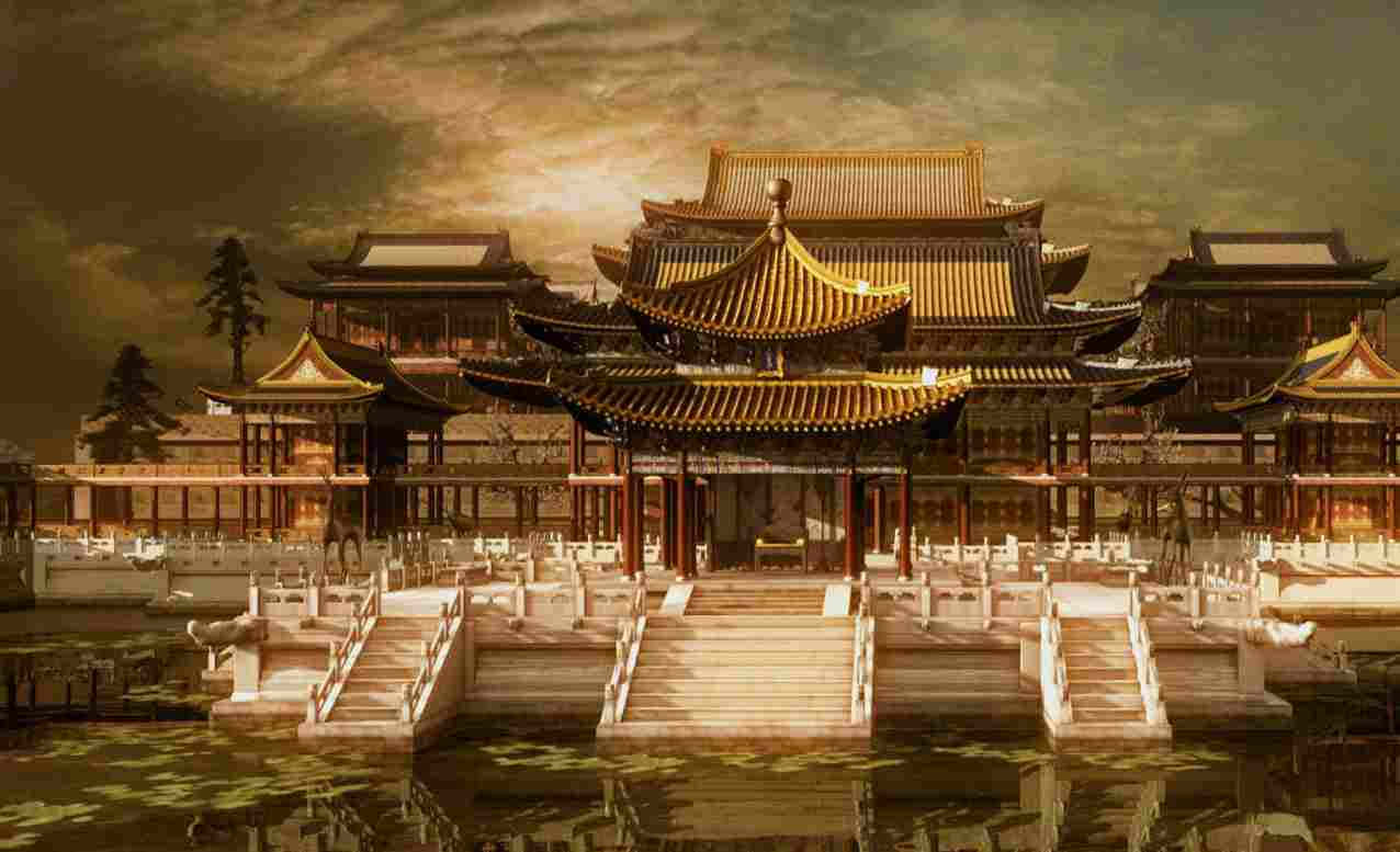 圓明園內的圓明園公園 壁紙 — 宏偉的傳統中國宮殿建築群，金色屋頂和石橋倒映在平靜的水面上，天空戲劇性地多雲。