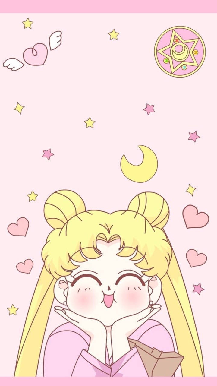 金色雙馬尾的動漫女孩雙手托腮微笑，被星星、心形和彎月環繞。