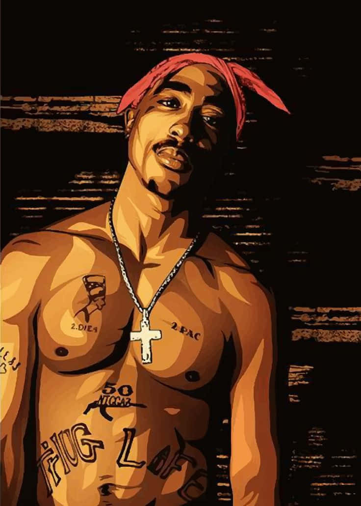 Tupac Shakur 帶有紋身和紅色頭巾的風格化插圖肖像。
