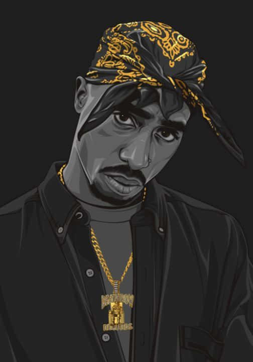 Tupac Shakur 穿著黑色襯衫和金鏈，戴著圖案頭巾。