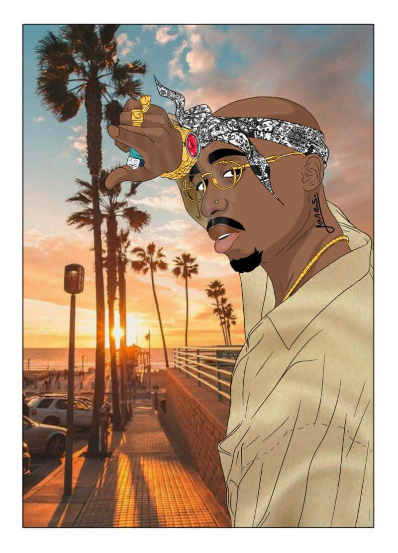 Tupac Shakur戴著太陽眼鏡和頭巾，在日落時分於棕櫚樹成行的海灘步道上手持打火機。