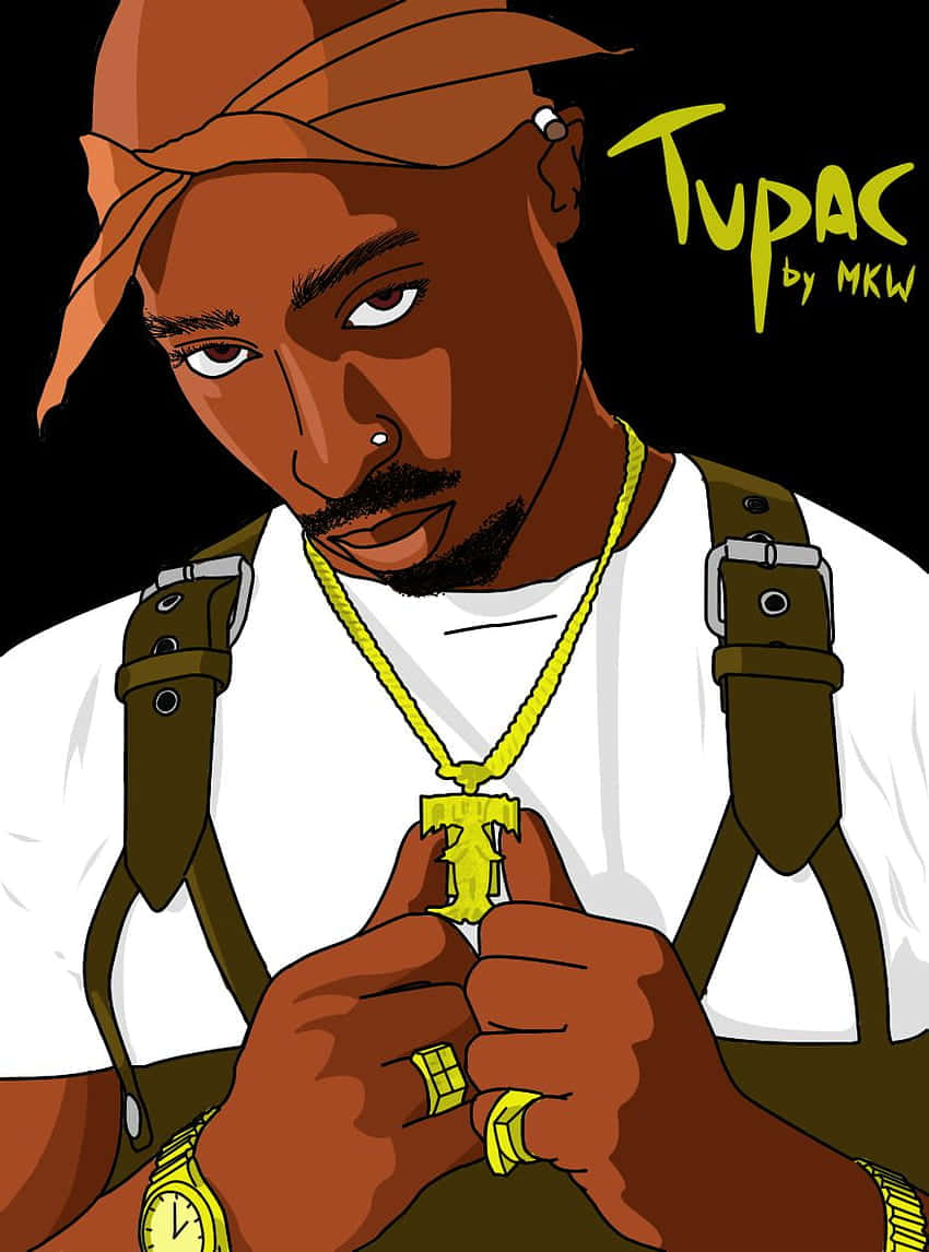 Tupac Shakur 在風格化插圖中手持一條帶有 T 吊墜的金鏈。