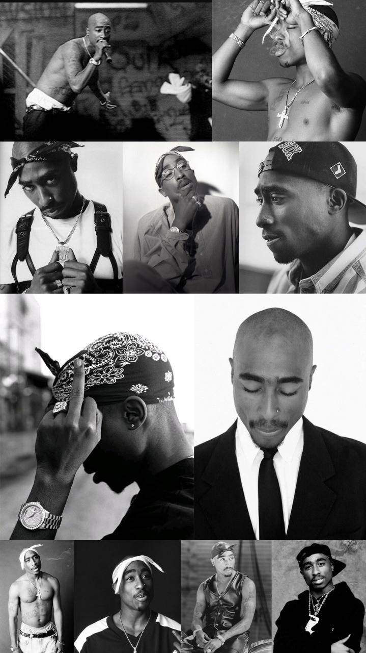 Tupac Shakur的各種黑白肖像拼貼，展示不同的表情和服裝。