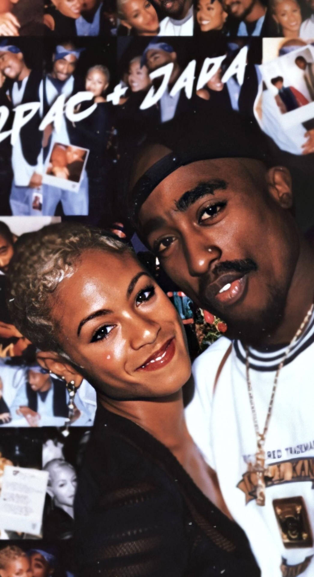 Tupac 和 Jada 在照片拼貼中微笑，他們的名字寫在上面。