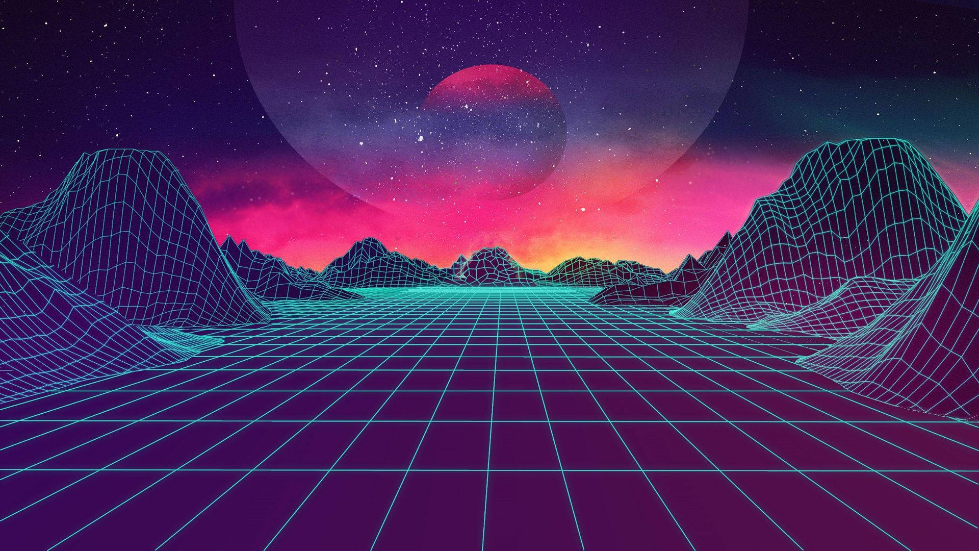 霓虹網格景觀，在粉紫色天空和紅色行星下，有發光的山脈。