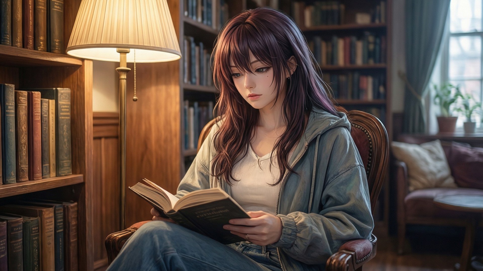 年輕女性在舒適的圖書館中閱讀，周圍有書架和一盞燈。