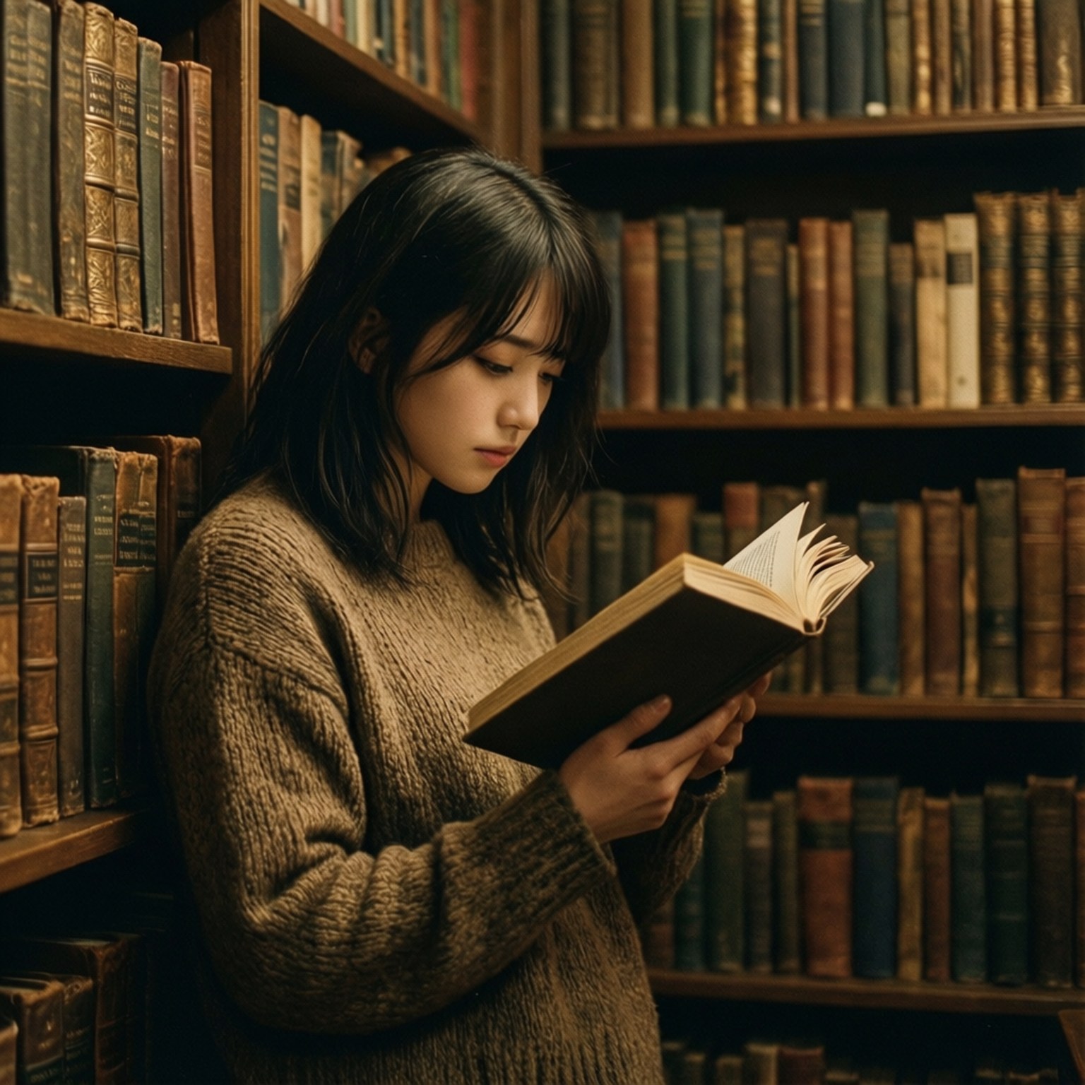 年輕女性在圖書館中閱讀，周圍環繞著書架。