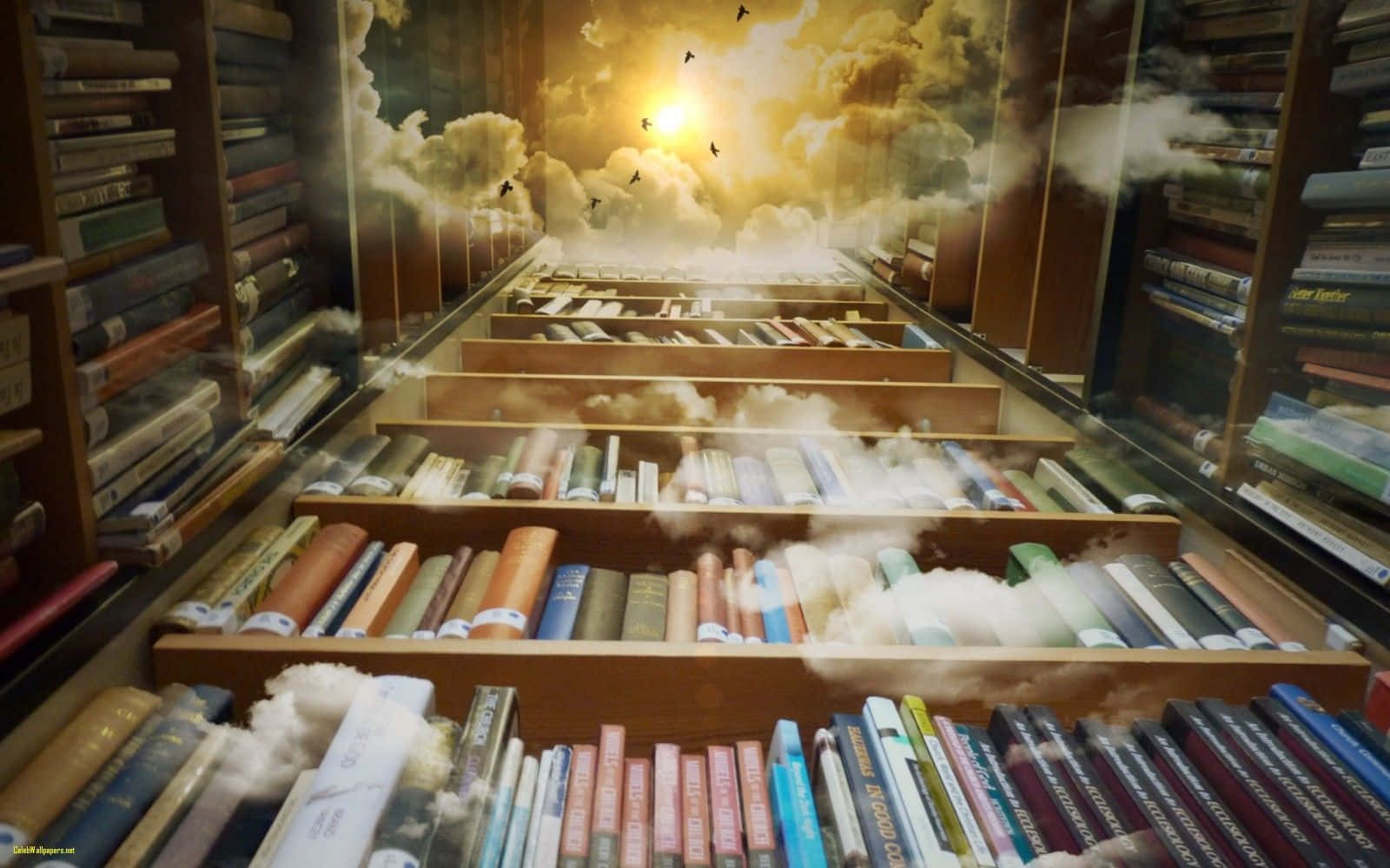 圖書館內書本與天空中的雲朵 壁紙