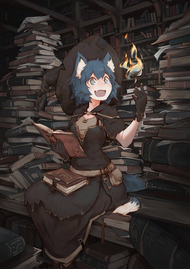 狐狸耳朵的動漫女孩在書堆環繞下閱讀書籍，伴隨著漂浮的火焰。