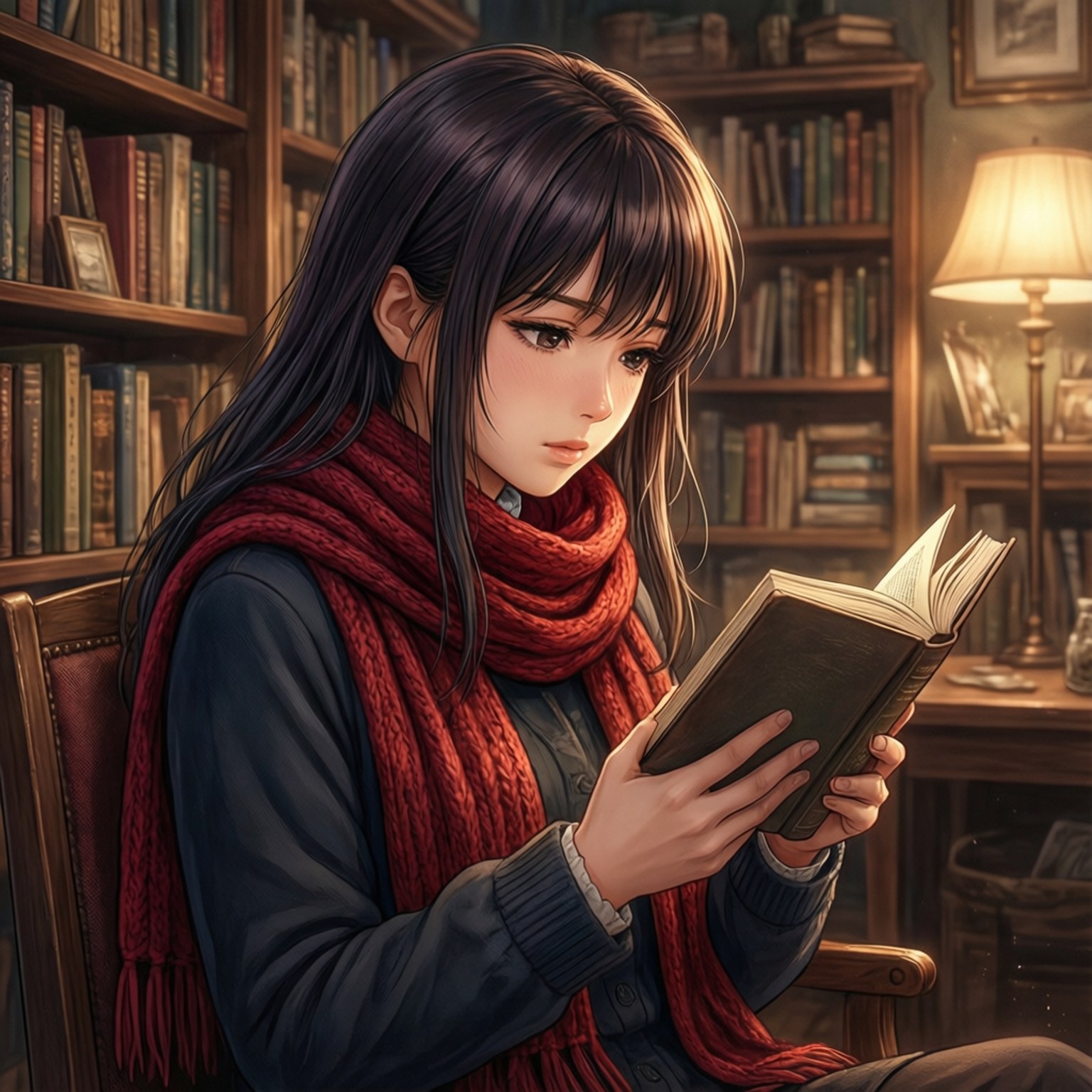 年輕女子在舒適的圖書館裡閱讀書籍，戴著紅色圍巾，溫暖的燈光。