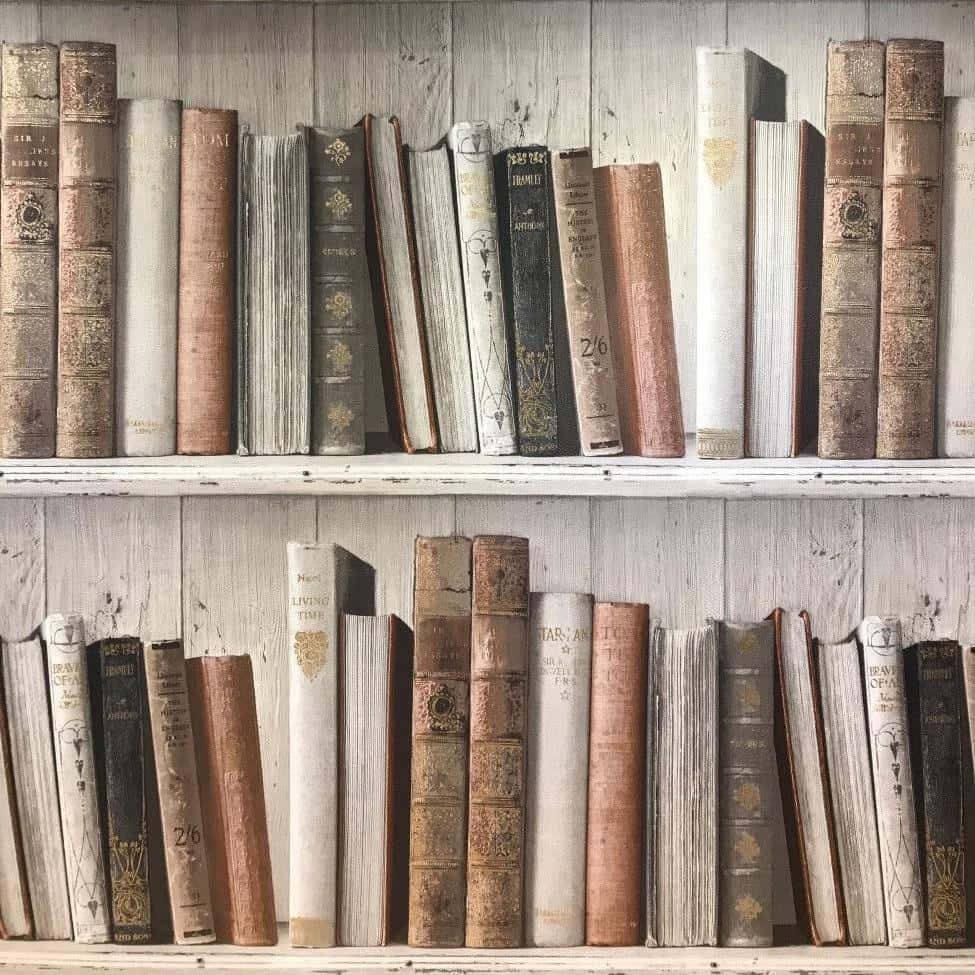 圖書館白色書架電腦桌面背景 壁紙 — 一排排復古書籍，帶有磨損的皮革書脊和金色壓花，整齊地擺放在質樸的白色木架上。