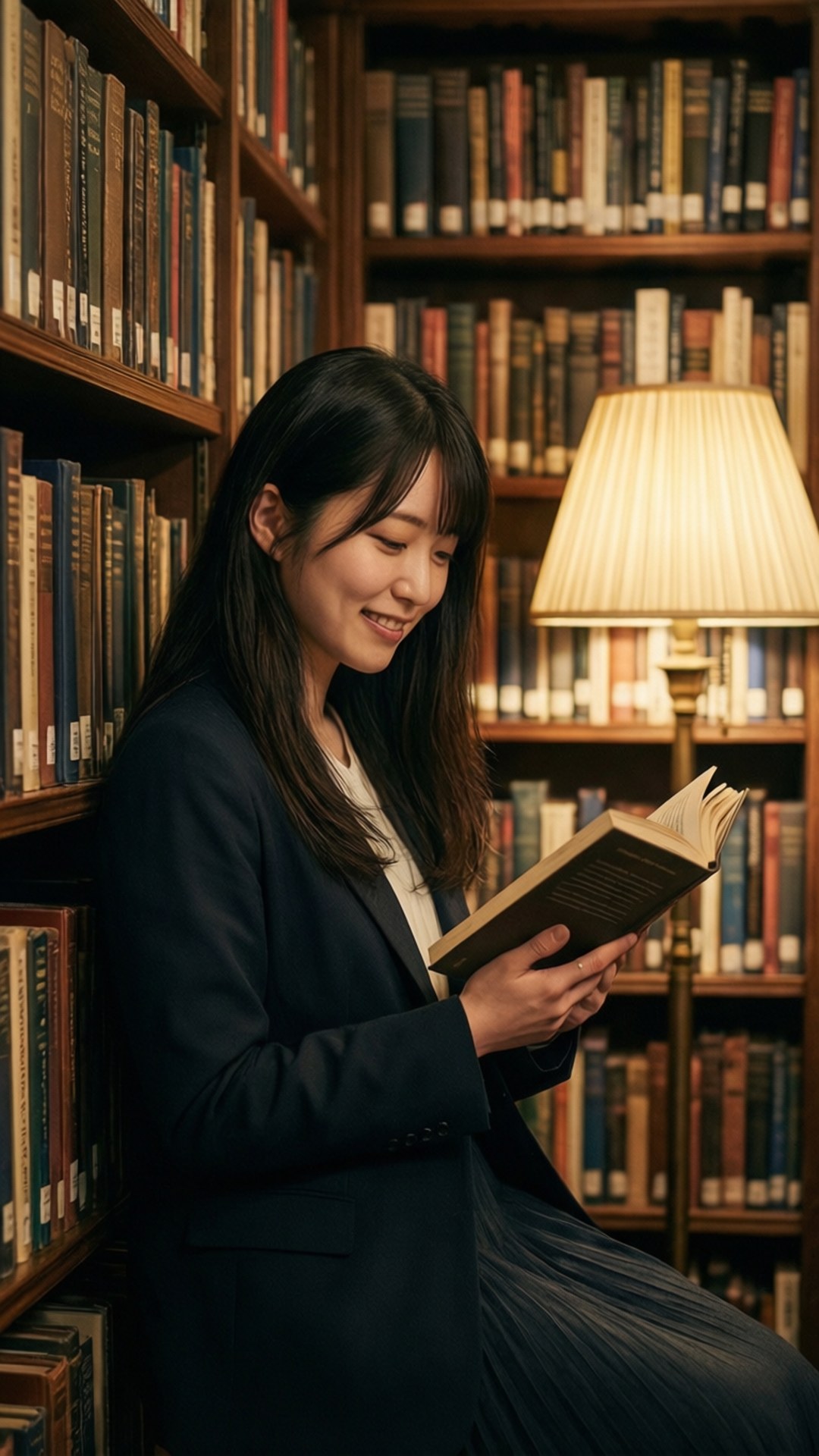年輕女性在溫暖照明的圖書館中閱讀書籍，周圍環繞著書架。