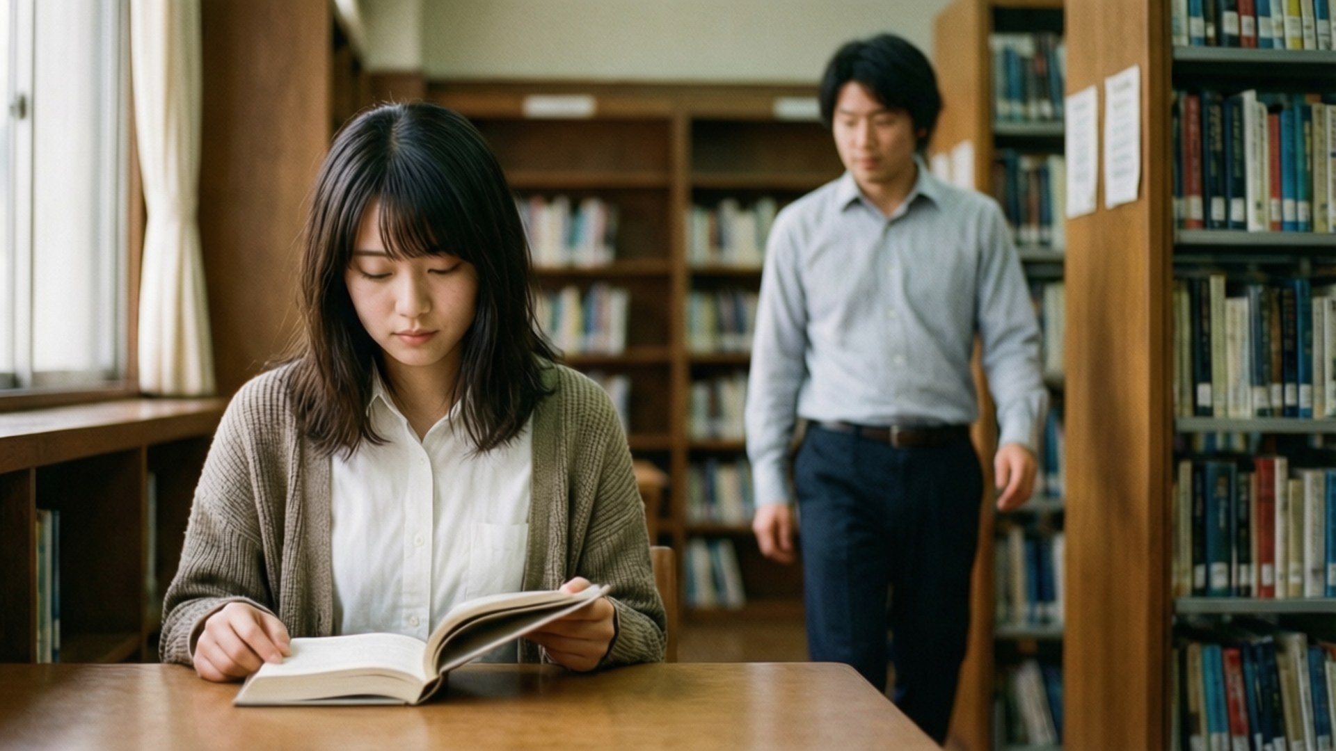 年輕女子在圖書館桌上閱讀一本書，身後有一名男子走過。