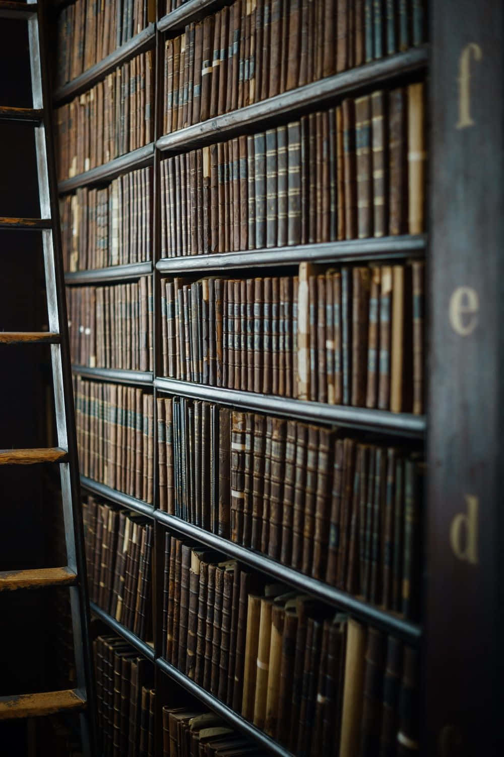 圖書館黑色木製書架桌面背景 壁紙 — 燈光昏暗的圖書館，高聳的書架上擺滿了舊皮面書，並有木梯方便取書。