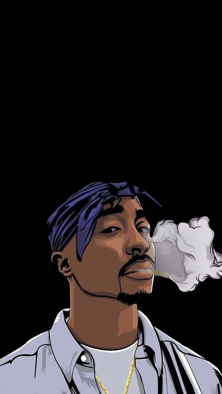 Tupac Shakur在黑色背景上吸煙，帶有煙霧雲。