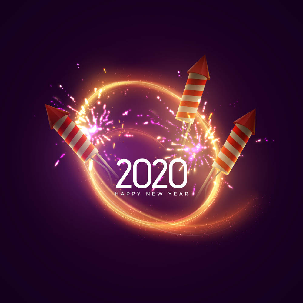 三枚火箭在一個發光的圓圈中發射，伴有煙花和文字「2020 Happy New Year」。