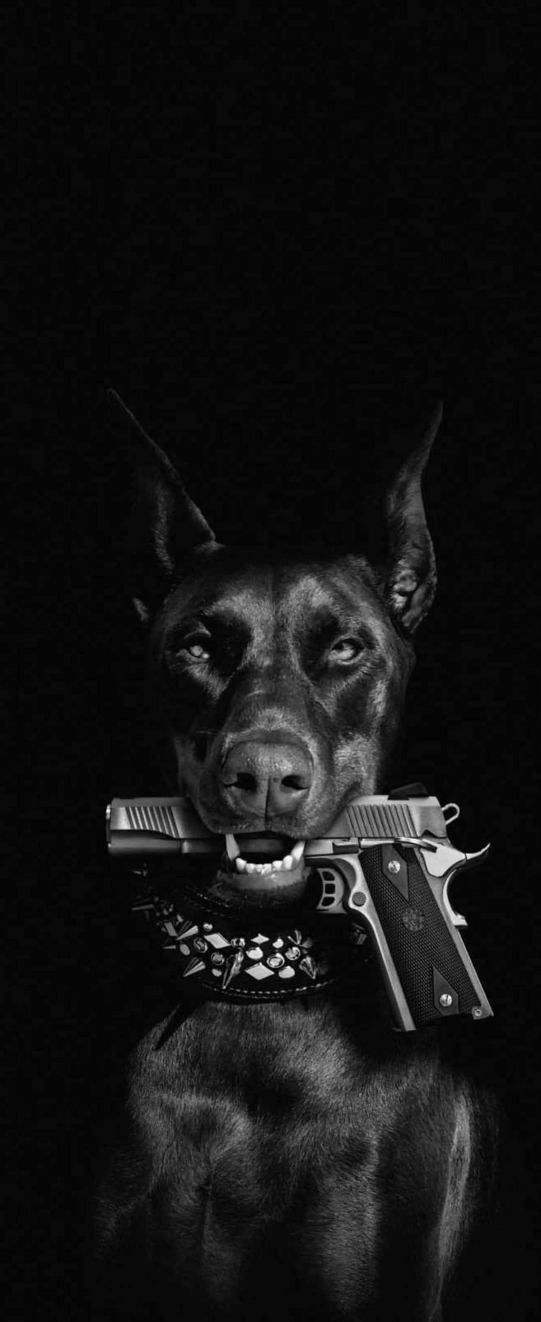 圖片 壁紙 — 一隻黑色杜賓犬在純黑背景下，嘴裡叼著銀色手槍，眼神銳利地凝視。