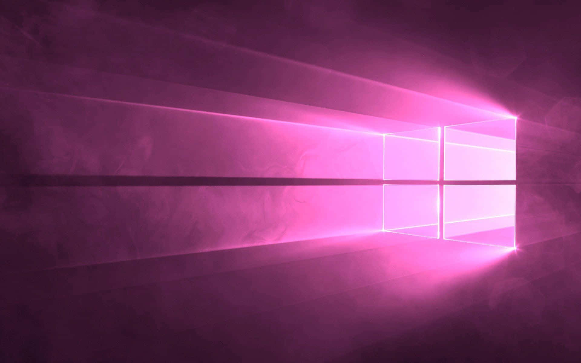 圖示整齊排列的 Windows 10 桌面 壁紙 — 一個發光的粉紅色窗戶標誌在極簡的數位場景中，透過迷濛的紫色空氣投射出耀眼的光束。