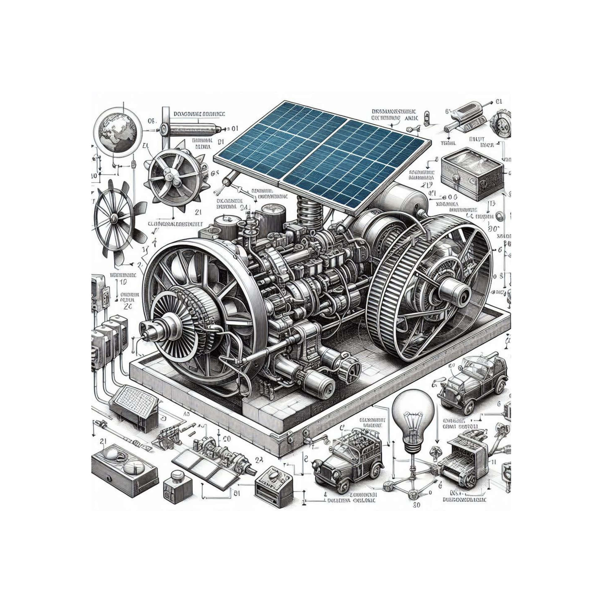 太陽能引擎的技術圖表，帶有標籤的機械部件和周圍組件。