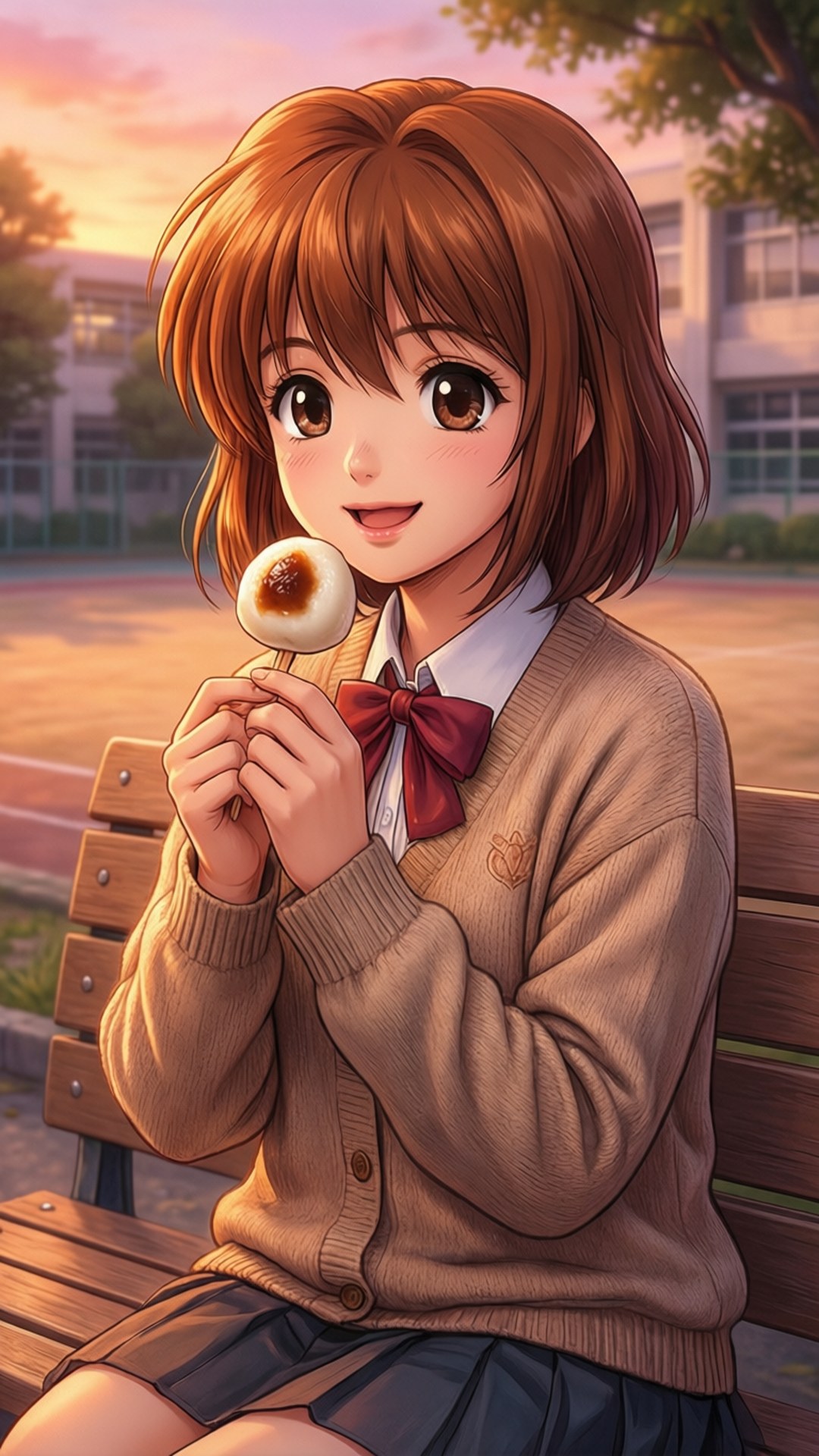 穿著校服的動畫女孩在日落時分的公園長椅上吃團子。