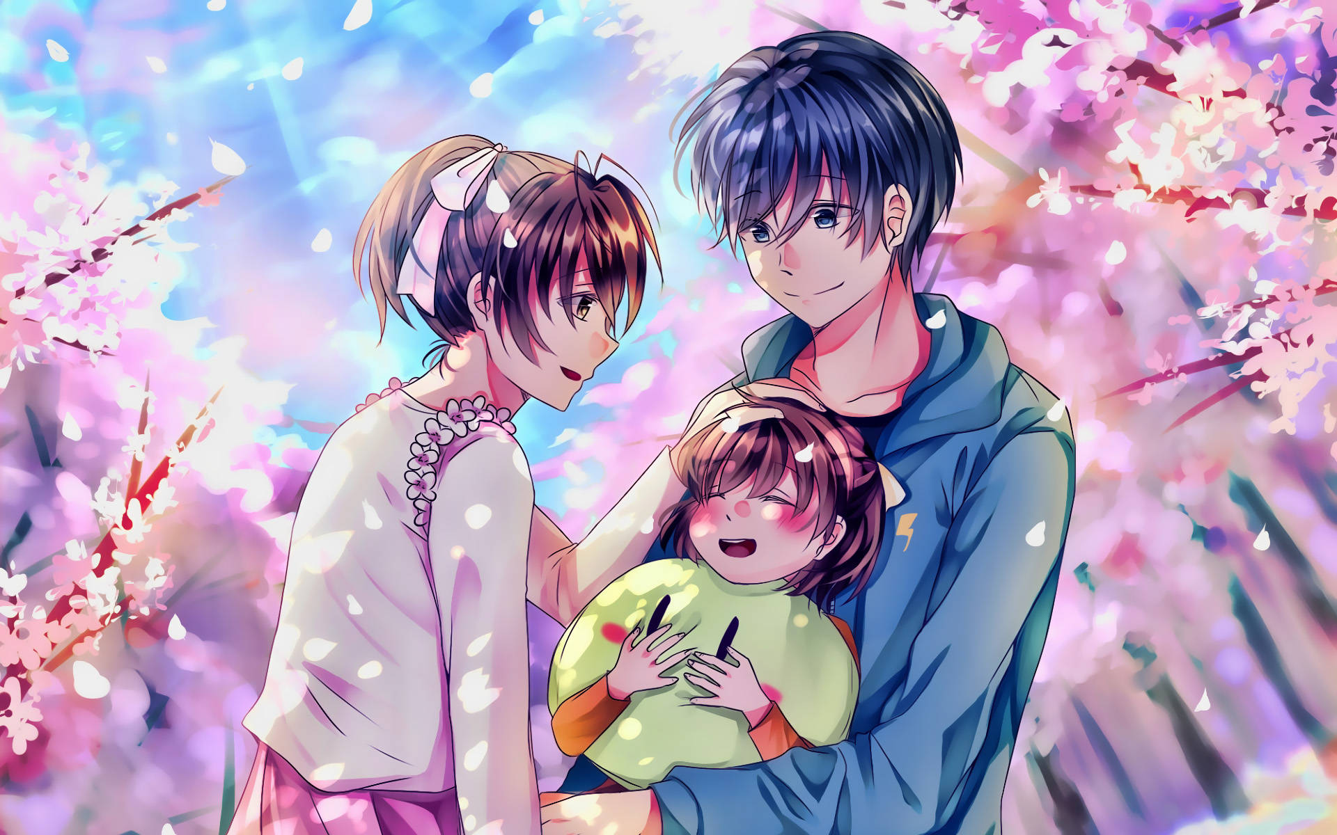 《團子大家族》動漫情侶 壁紙 — 一個快樂的動漫三人家庭在充滿活力的櫻花樹冠下微笑，帶有柔和的粉彩色调。