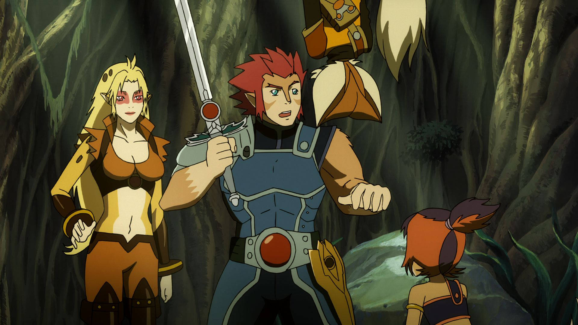 團結力量 - Thundercats Tygra 與 Pumyra 壁紙 — 三位動漫冒險者在陰暗潮濕的洞穴中保持警覺，其中一人揮舞著劍。