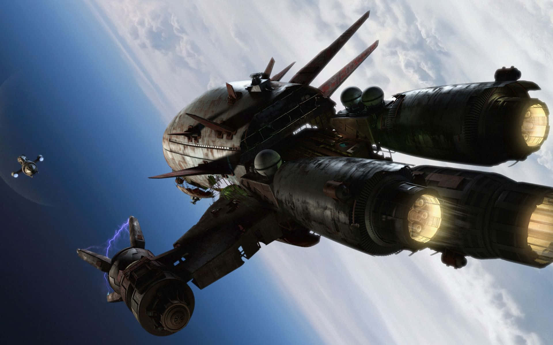 一艘大型生鏽的太空船，引擎發光，伴隨著一架小型無人機，在佈滿雲層的天空中飛行。