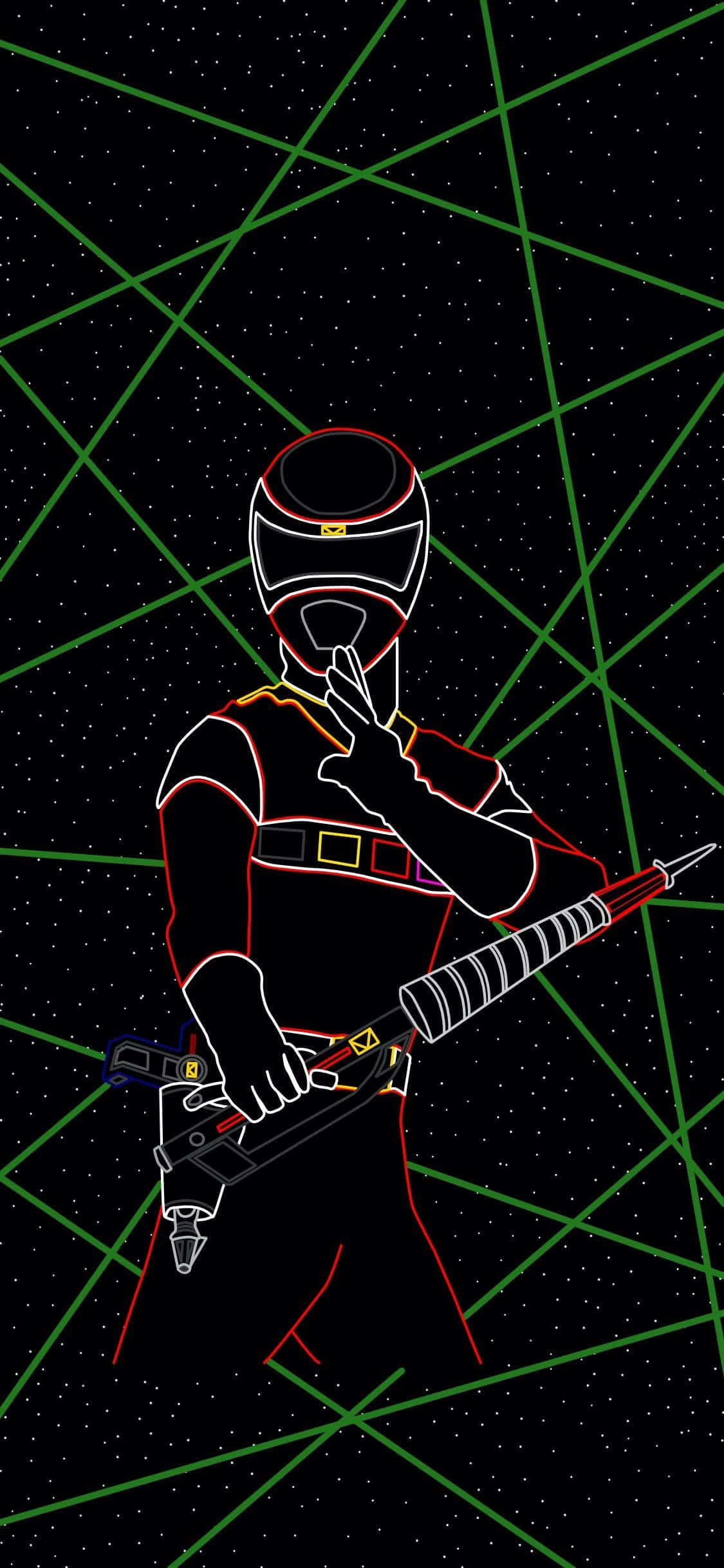 「團結就是力量！」 壁紙 — 一個帶有霓虹輪廓的Power Ranger在太空中手持爆能槍，綠色激光網格劃過星空虛空。
