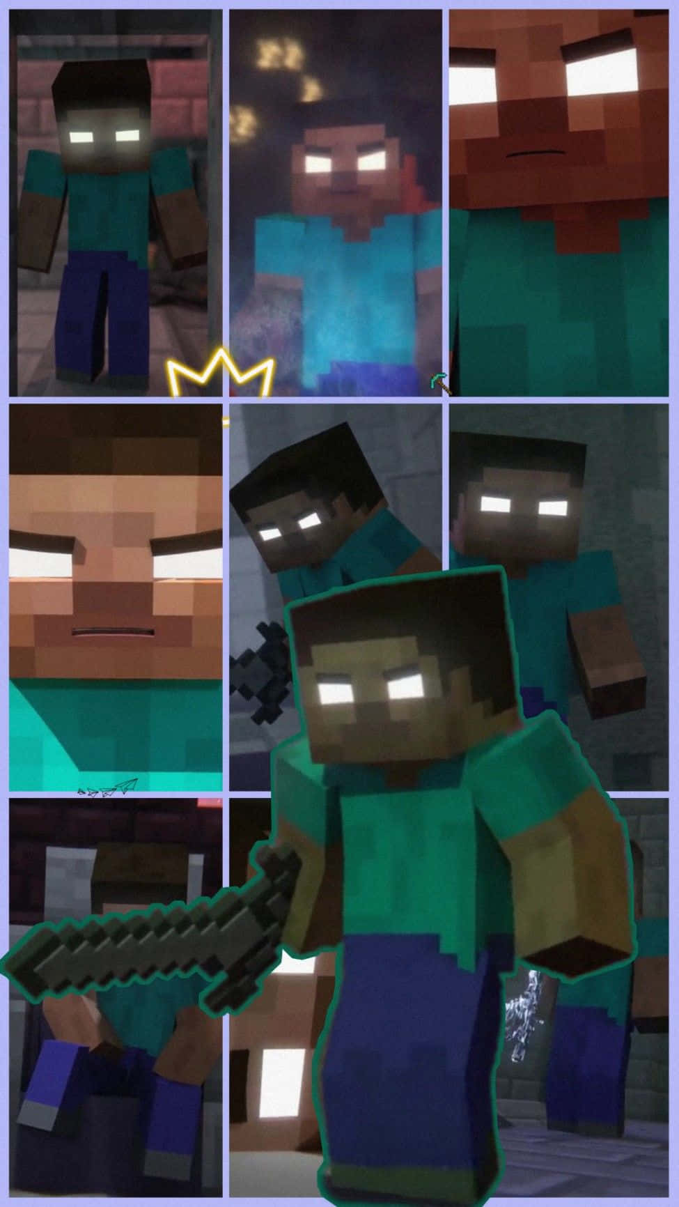 團結部隊：所有我的世界角色為共同目標聯手 壁紙 — 一幅Minecraft角色拼貼畫，角色擁有發光的眼睛和像素化的方塊紋理，呈現各種姿勢和表情。