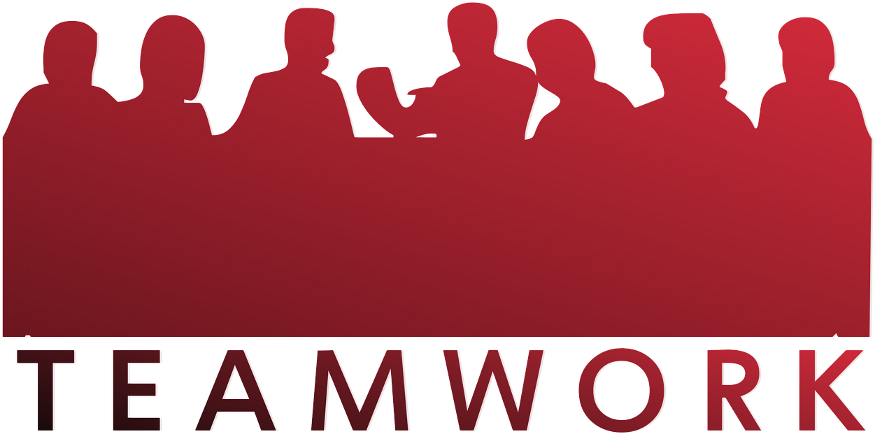 團隊合作剪影橫幅 壁紙 — 七個人圍繞一張桌子的紅色漸變剪影，下方大膽顯示「TEAMWORK」一詞。