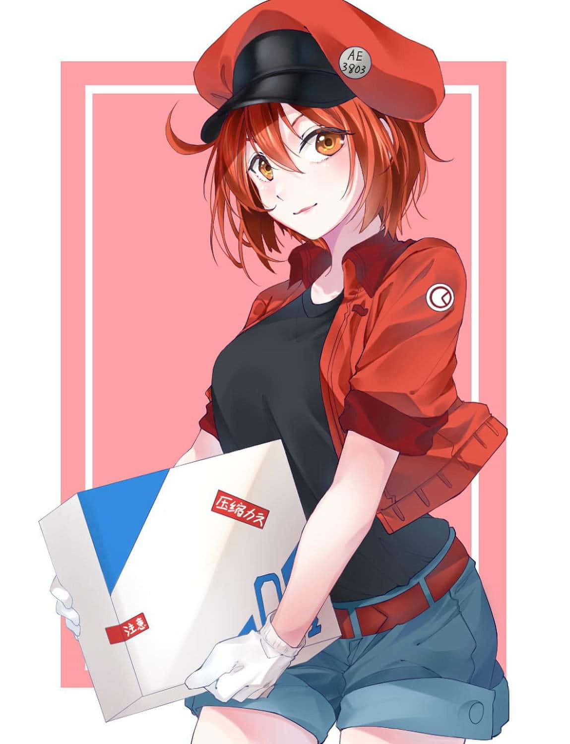 動漫送貨女孩穿著紅色制服，微笑著拿著包裹。