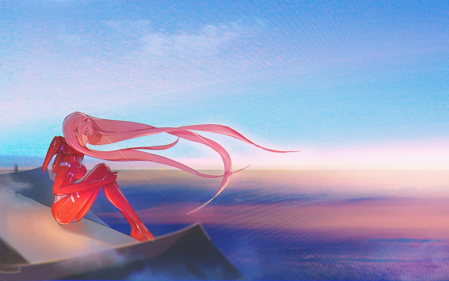 「團隊合作的力量：Darling in the Franxx」 壁紙 — 一位粉紅色頭髮的動漫女孩穿著紅色服裝，坐在懸崖頂上，俯瞰著廣闊的海洋，在柔和的藍天下，夕陽西下。