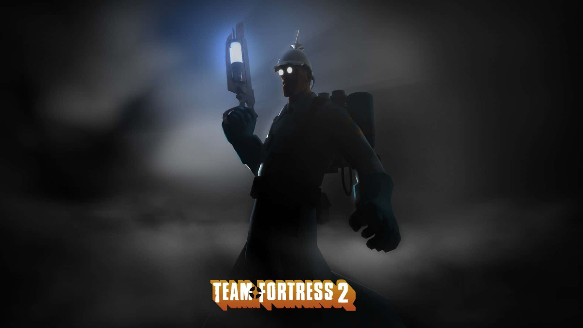 剪影士兵在迷霧黑暗場景中手持發光武器，帶有Team Fortress 2標誌。