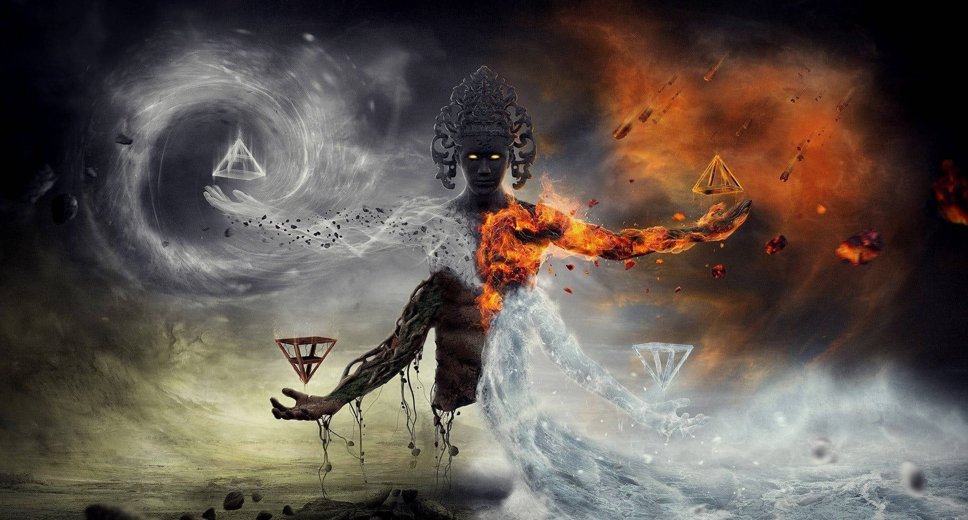 土元素 Deviant Art 藝術 壁紙 — 一個神聖的形象分裂於火與水之間，雙臂伸展在宇宙風暴和漂浮的金字塔中。