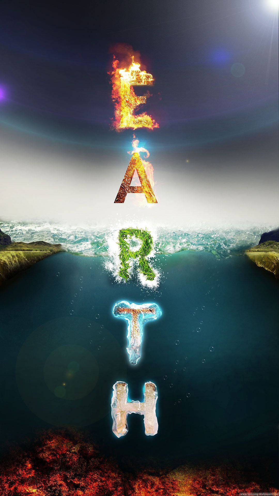 土元素文字海洋 壁紙 — 「EARTH」一詞垂直分割，帶有火焰E、草地A、水R、冰T和岩石H，背景為宇宙。