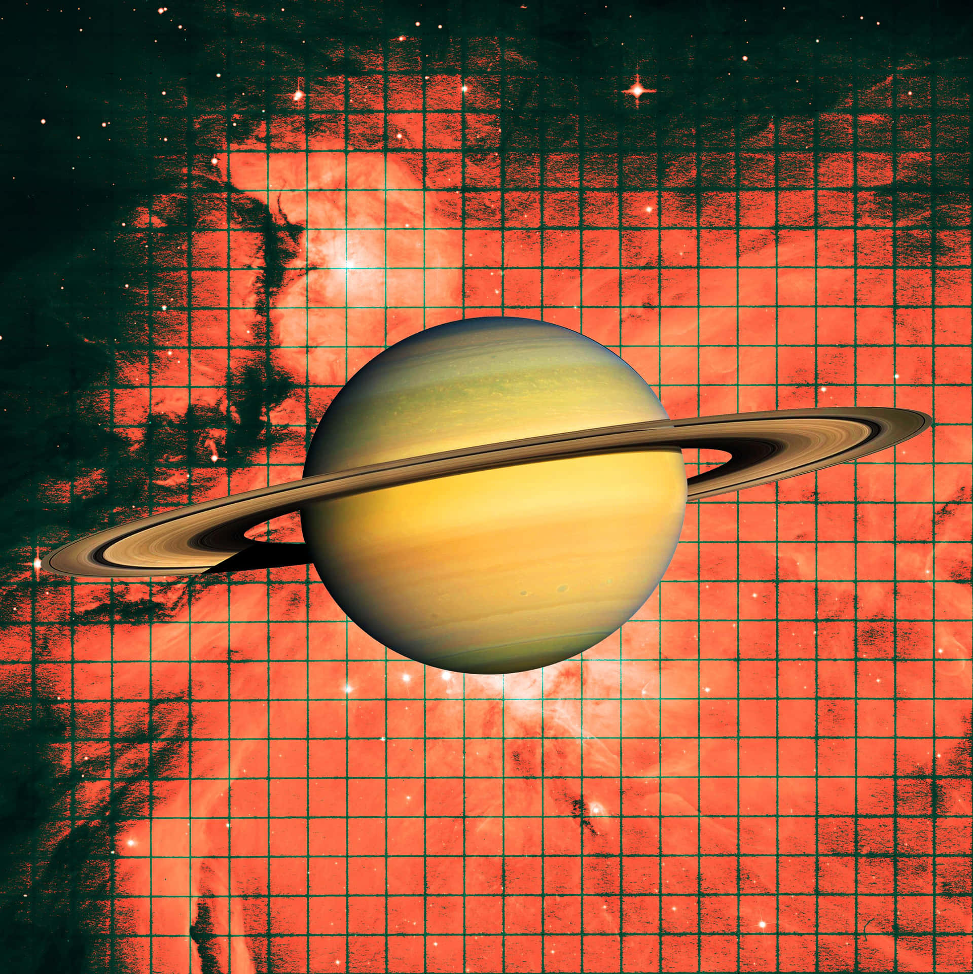 土星帶有光環，襯托著熾熱星雲和網格圖案。