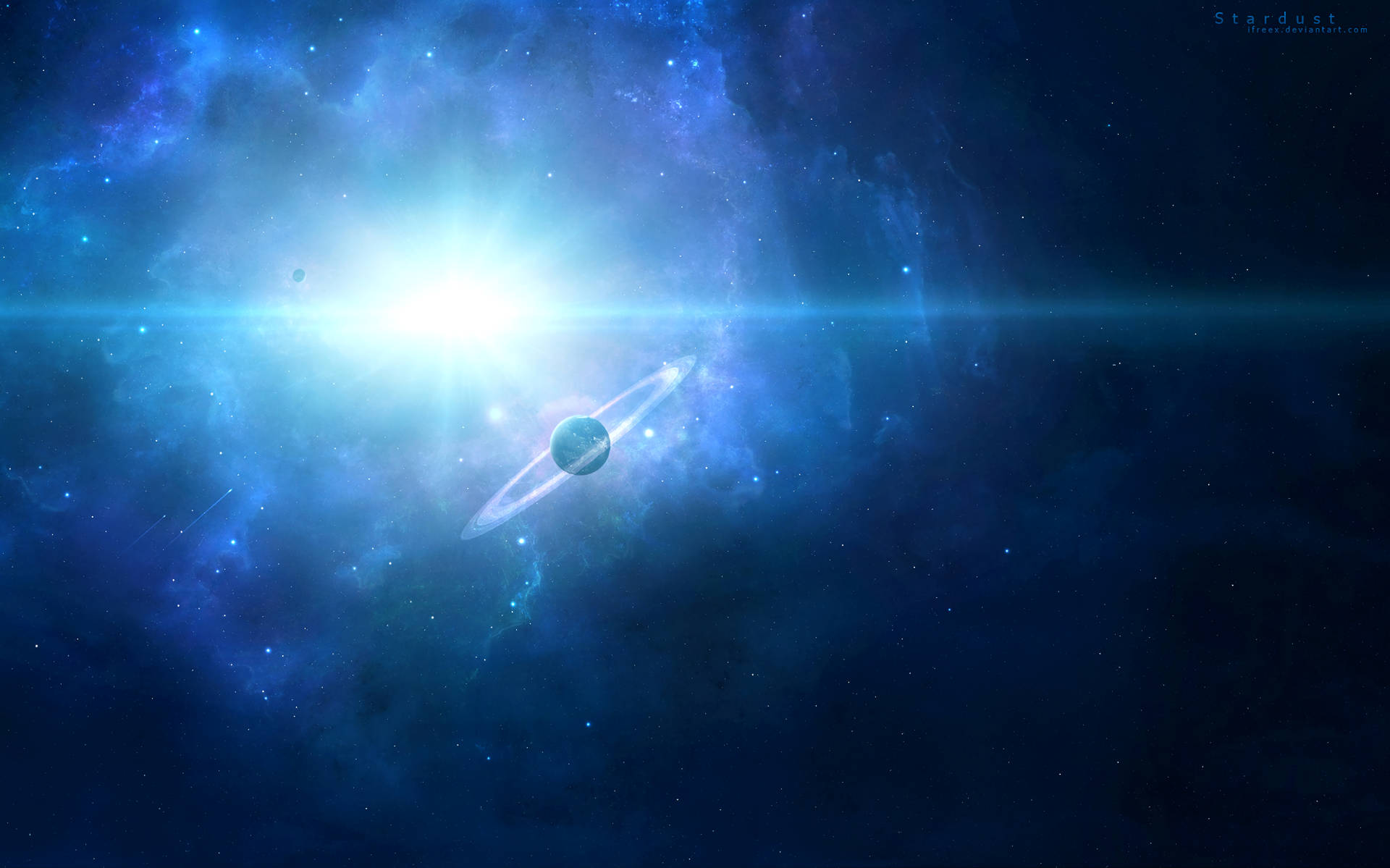 一顆帶有光環的藍色行星在充滿星星的發光星雲中閃耀。