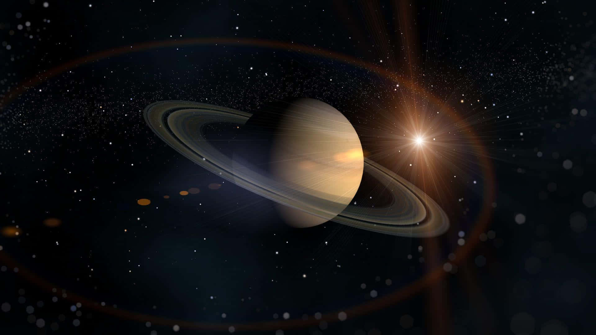 土星 桌布 壁紙 — 土星在星空中溫暖地發光，背後燦爛的太陽照亮了其標誌性的光環。