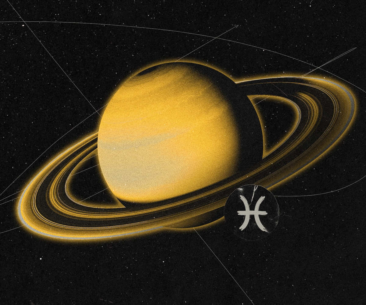 金色土星帶有光環和星座符號在星空空間中。