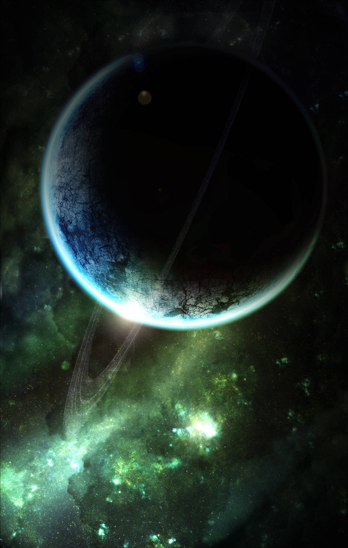 一顆黑暗行星帶著發光的環，在深空中繞著充滿活力的綠色星雲運行。