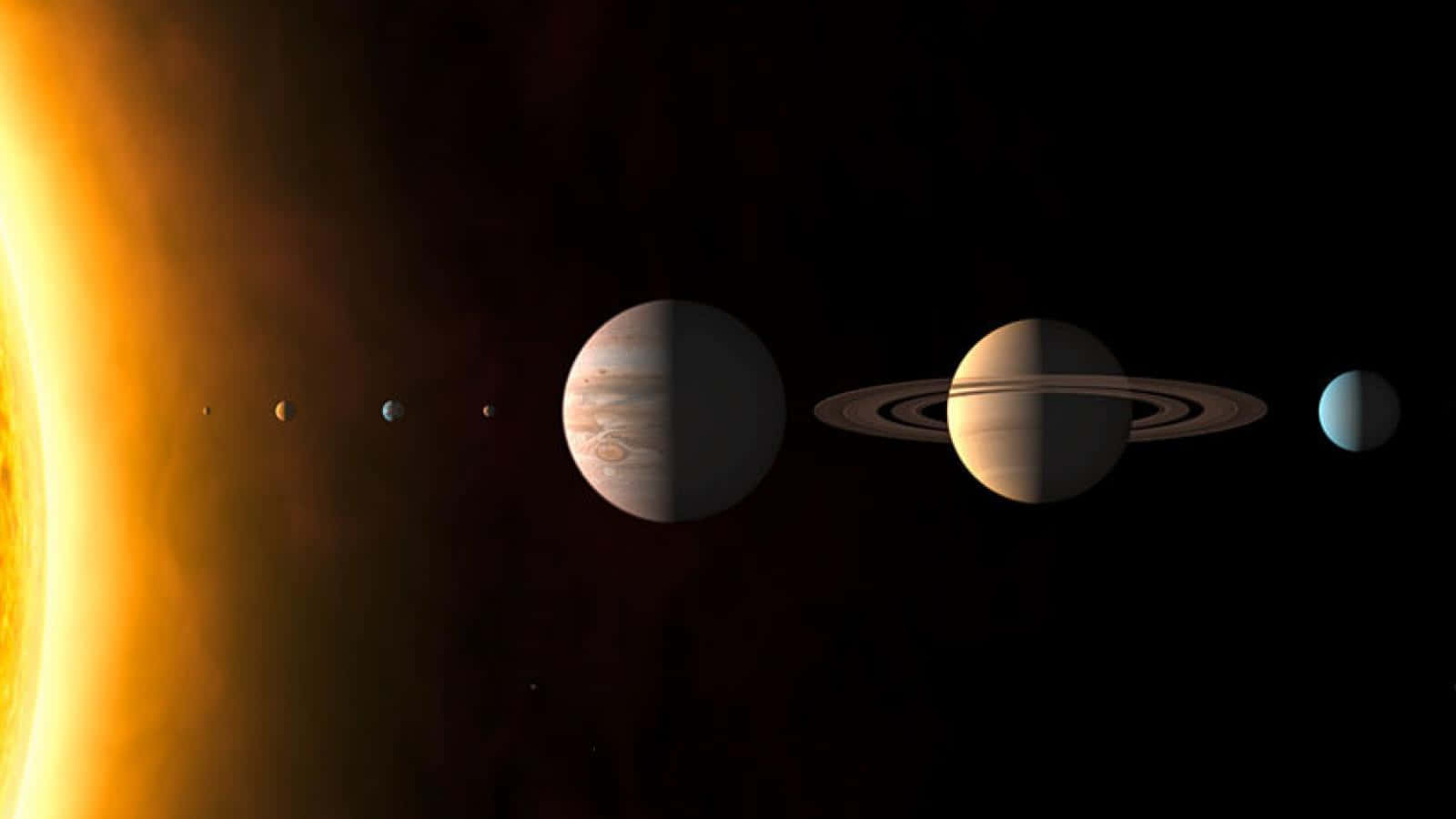 土星天文攝影 壁紙 — 太陽系的壯麗景觀，木星和土星在發光的太陽和黑暗的太空背景下突出顯示。