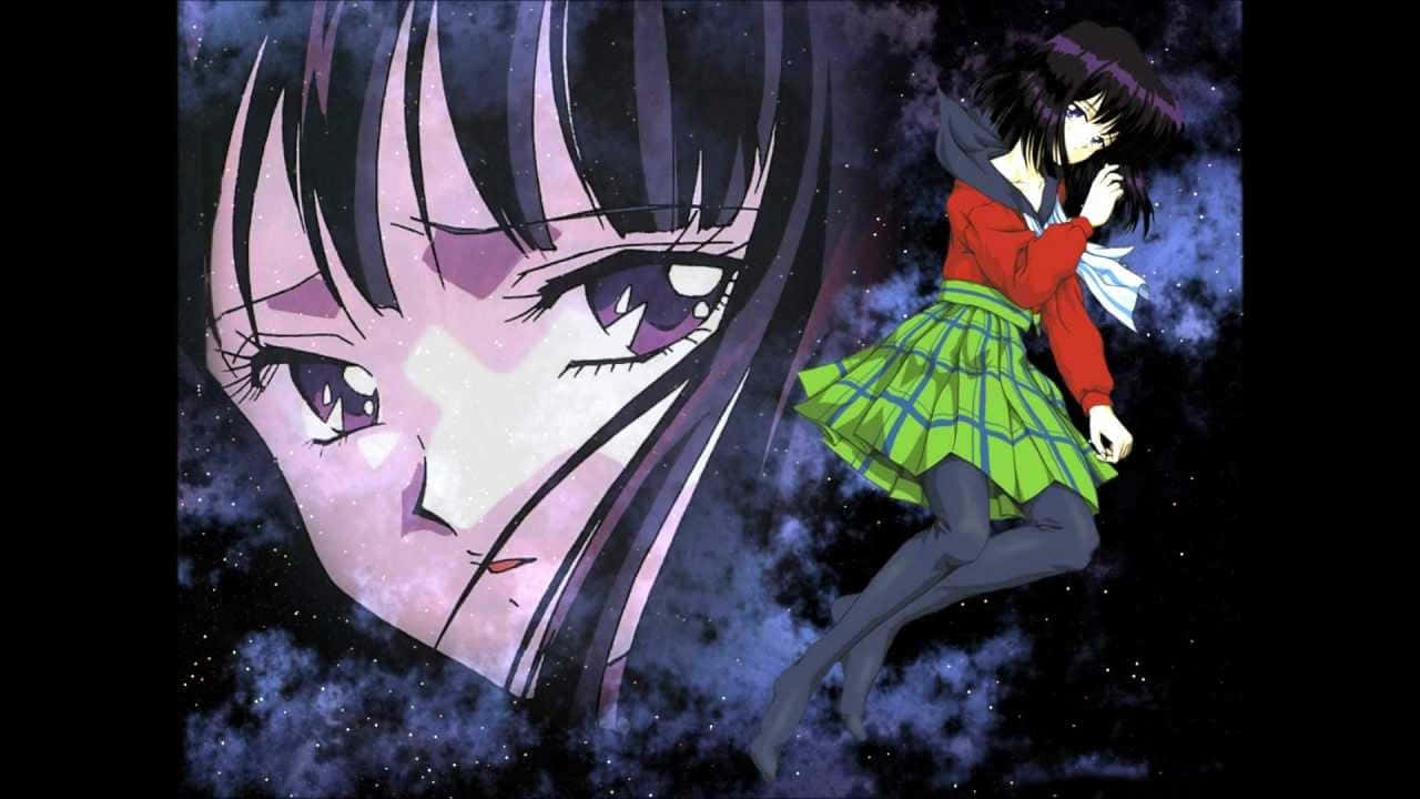 穿著校服的動漫女孩在星空宇宙中漂浮在一個巨大的宇宙面孔旁邊。