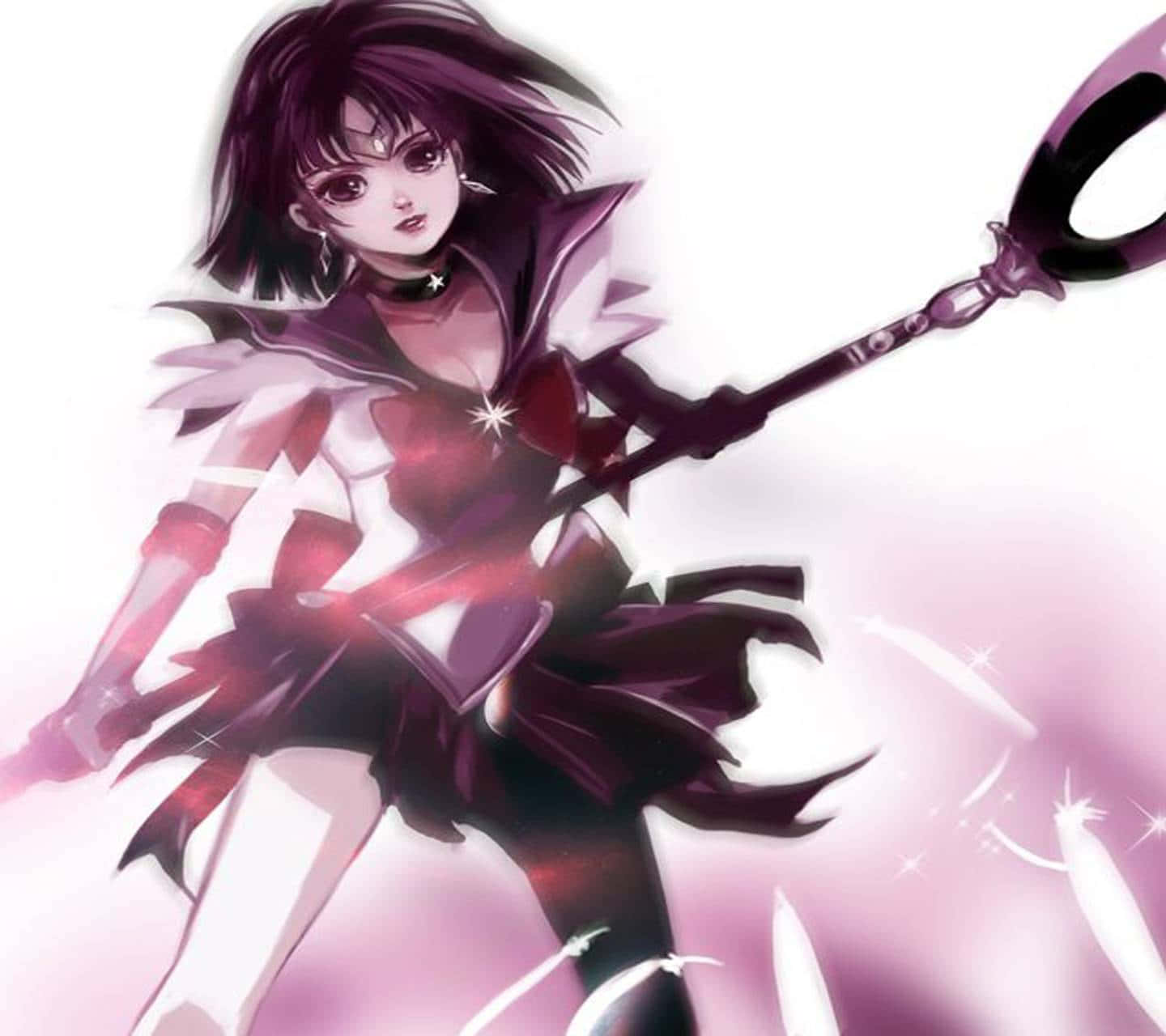 動漫戰士女孩穿著深色制服，手持發光法杖和閃光。