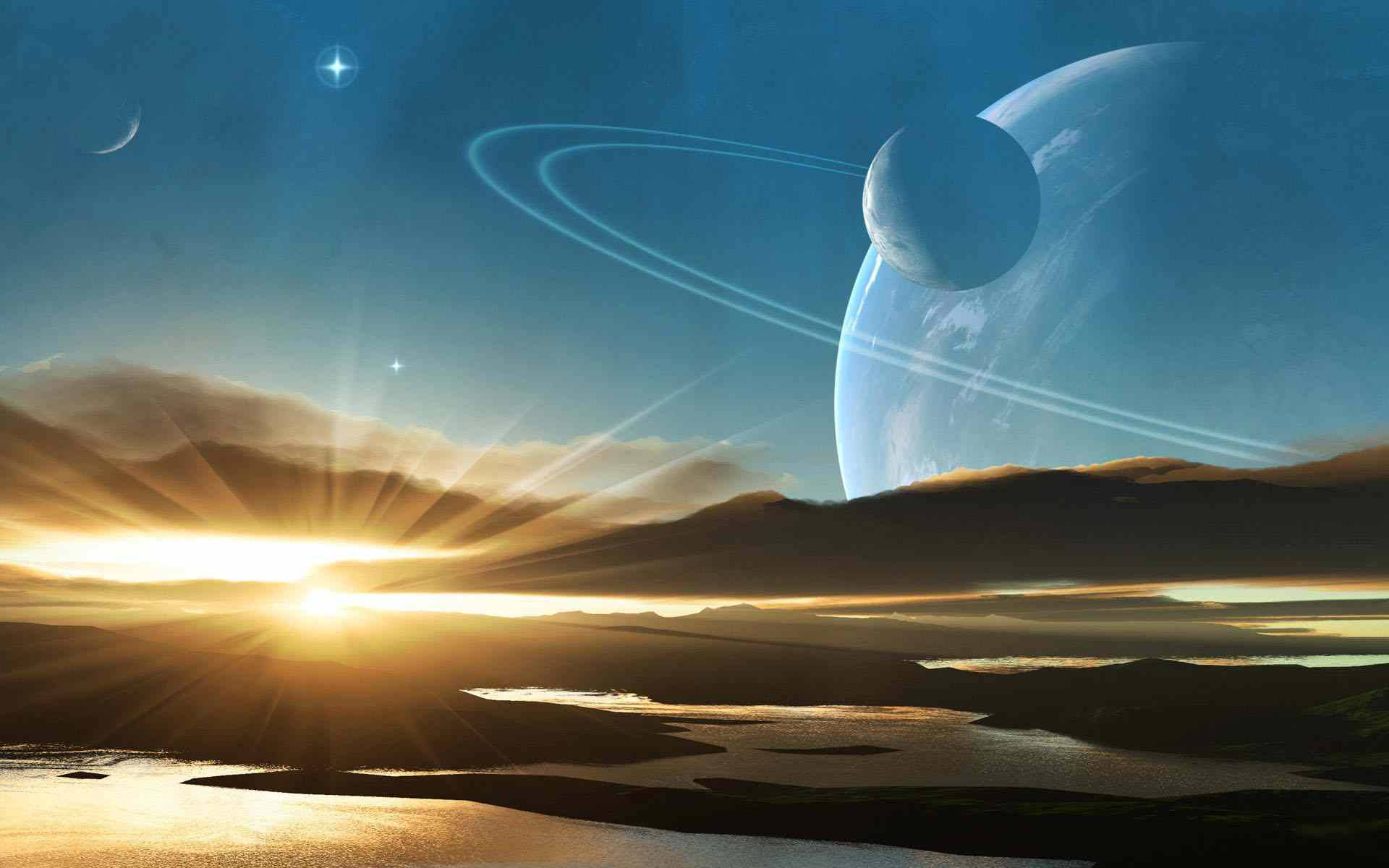 日出時的外星景觀，天空中有巨大的環狀行星。 — 土星 壁紙